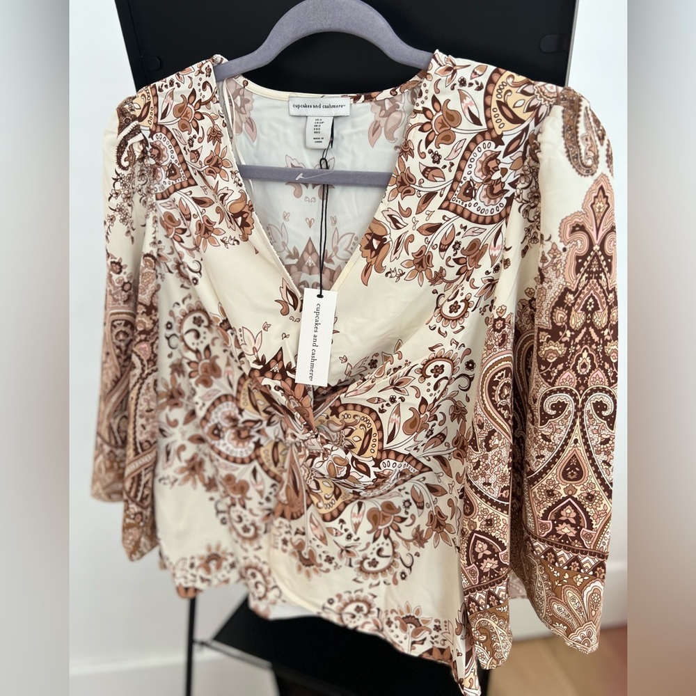 Satin Bell Sleeve Paisley Printed Blouse Cupcakes and Cashmere Brown & Cream